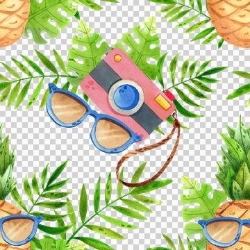 Seamless pattern with a camera, sunglasses, and tropical plants. Hand-drawn Illustration