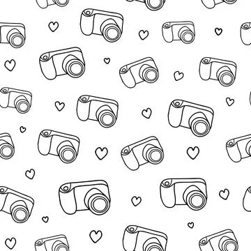 Seamless pattern with cameras and hearts. Stock Illustration