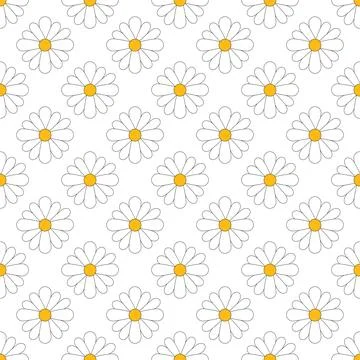 Seamless pattern with camomile, flat blossoms on white background Illustrazione stock