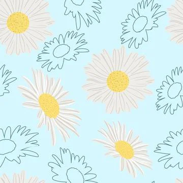 Seamless pattern with camomiles. Vector, white flowers and outlines. Stock Illustration