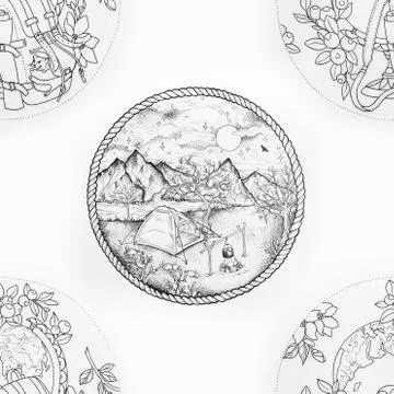 Seamless pattern of camping and backpack with globe on white background. Stock Illustration