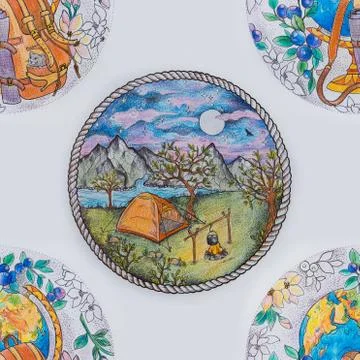 Seamless pattern of camping and backpack with globe on white background. Stock Illustration