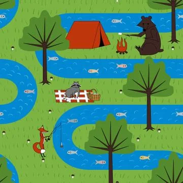 Seamless pattern camping animals. Stock Illustration