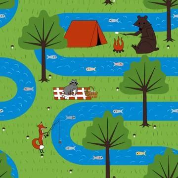 Seamless pattern camping animals. Stock Illustration