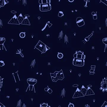 Seamless Pattern Camping doodle icons set. Vector illustration of hiking el.. Illustrazione stock