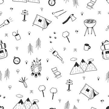 Seamless Pattern Camping doodle icons set. Vector illustration of hiking el.. Illustrazione stock