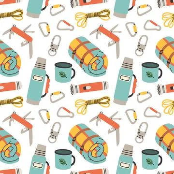 Seamless pattern with camping elements on white background. Colorful vector flat Stock Illustration