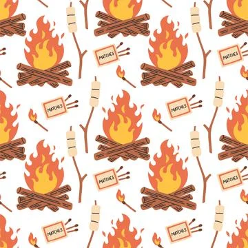 Seamless pattern with camping elements on white background. Colorful vector flat Stock Illustration