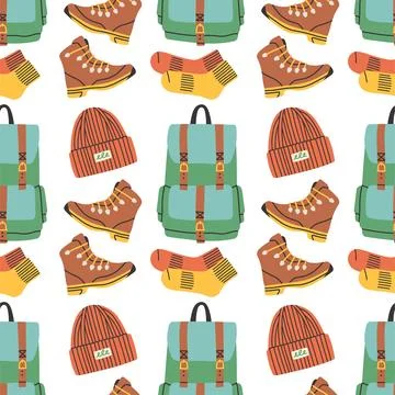 Seamless pattern with camping elements on white background. Colorful vector flat Stock Illustration