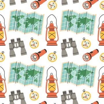 Seamless pattern with camping elements on white background. Colorful vector flat イラスト素材