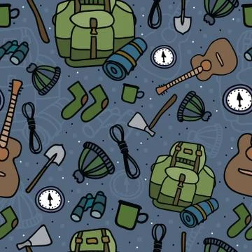 Seamless pattern of camping equipment black contour on blue background. Stock Illustration