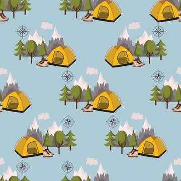 Seamless pattern with camping theme featuring tent, hiking boots, compass r.. 스톡 일러스트
