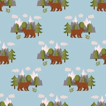 Seamless pattern with camping theme featuring brown bear, mountains and tre.. Stock Illustration