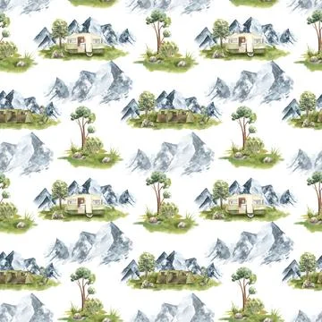 Seamless pattern of a camping in the woods .Tent,trailer, trees, plants floral Stock Illustration