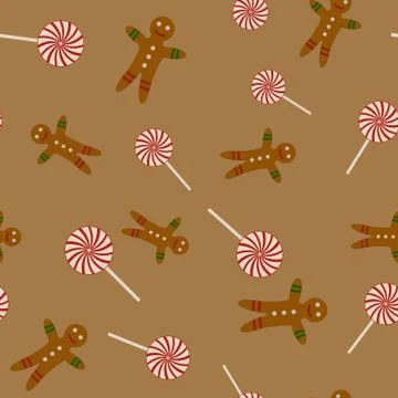 Seamless pattern with Candies and Gingerbread Man for Christmas. Vector. Stock Illustration