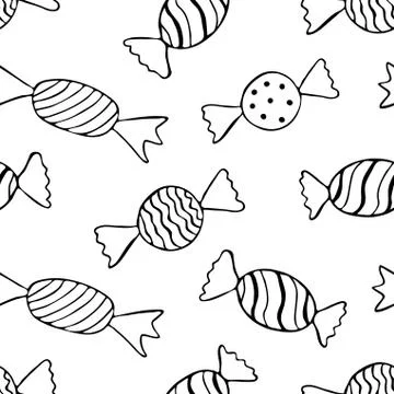 Seamless pattern with candies. Vector hand drawn illustration, outline. Stock Illustration