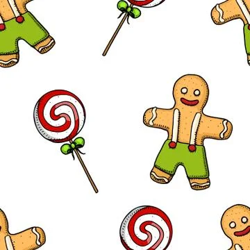 Seamless pattern candle and gingerbread, holly lollipop. Merry Christmas xmas Stock Illustration