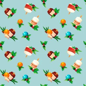 Seamless pattern of candle , fir branches, holly leaves, green and blue bau.. Illustrazione stock