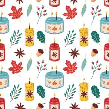 Seamless pattern with candle in a glass cup. Burning candle with leaves, acorn Stock Illustration