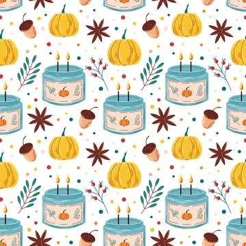 Seamless pattern with candle in a glass cup. Flat style. Burning candle with Stock Illustration