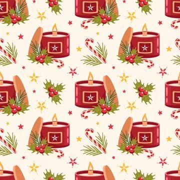 Seamless pattern candle in a glass jar with a wooden wick, filled with festive Stock Illustration