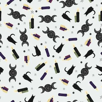 A seamless pattern with candles, a black cat and magic signs on a light Stock Illustration