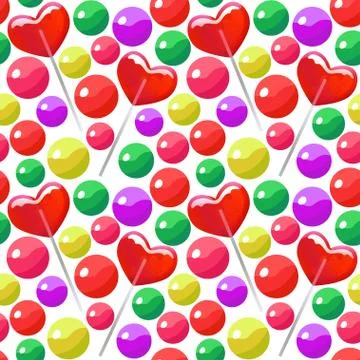 Seamless pattern with candy balls and heart shaped lollipops Colorful bright Stock Illustration