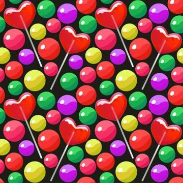 Seamless pattern with candy balls and heart shaped lollipops Colorful bright Stock Illustration