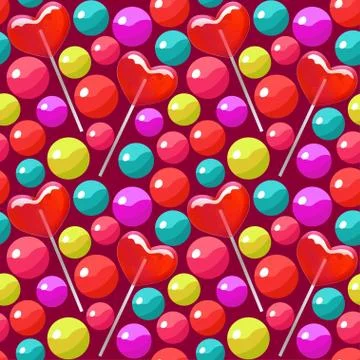 Seamless pattern with candy balls and heart shaped lollipops Colorful bright Stock Illustration