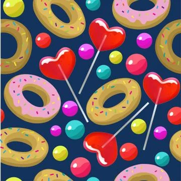 Seamless pattern with candy balls and heart shaped lollipops Colorful bright Illustrazione stock