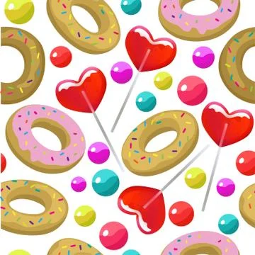 Seamless pattern with candy balls and heart shaped lollipops Colorful bright Stock Illustration