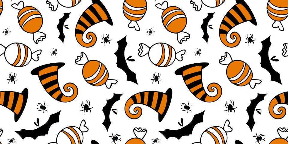 Seamless pattern candy bat, witch hat. Funny Happy Halloween cartoon vector 스톡 일러스트
