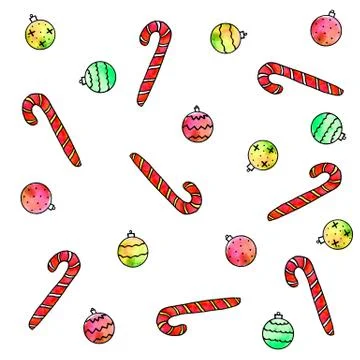 Seamless pattern with candy cane, sweets, Christmas tree balls. New year Xmas Stock Illustration