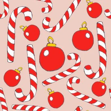 Seamless pattern with candy cane sweets and Christmas tree balls., graphic co Stock Illustration