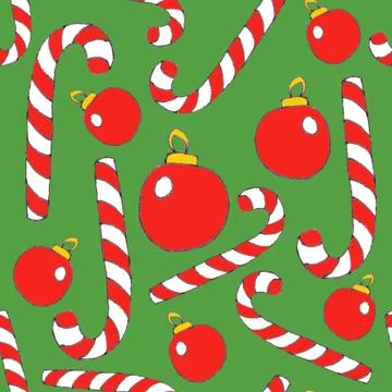 Seamless pattern with candy cane sweets and Christmas tree balls., graphic co Stock Illustration