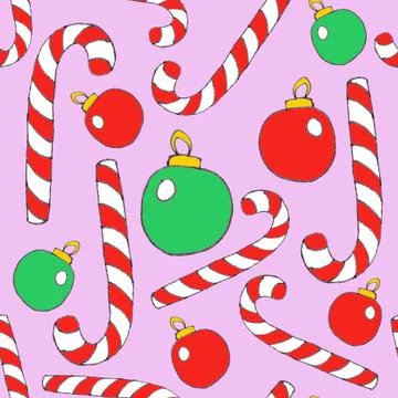 Seamless pattern with candy cane sweets and Christmas tree balls., graphic co Stock Illustration