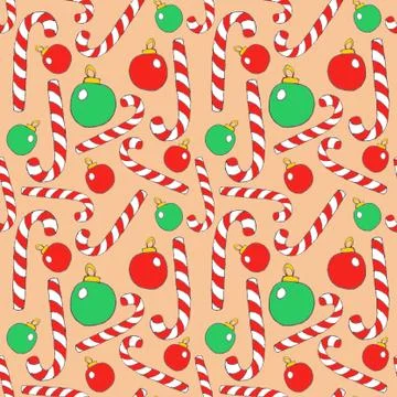 Seamless pattern with candy cane sweets and Christmas tree balls., graphic color Stock Illustration