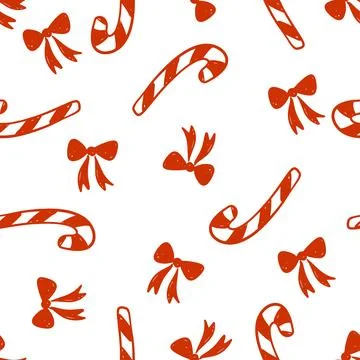 Seamless pattern with candy canes and red bows on a white background Stock Illustration