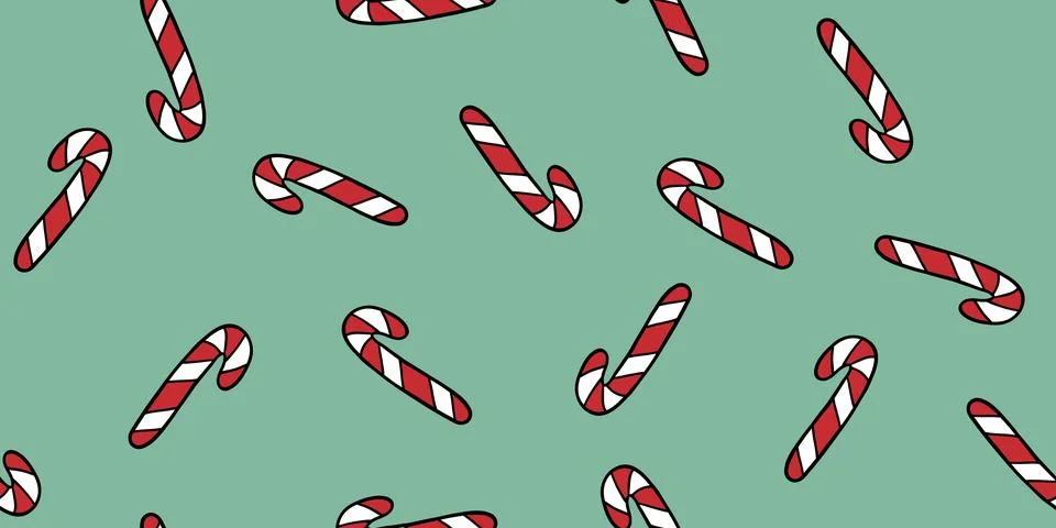 Seamless pattern with candy canes on mint green, doodle style vector Stock Illustration