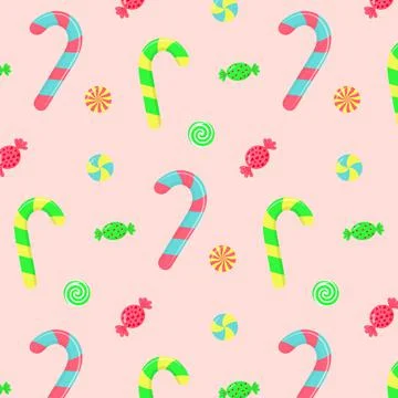 Seamless pattern with candy canes, swirl caramels and wrapped candies. Stock Illustration