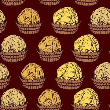 Seamless pattern Candy chocolate truffles in foil and paper cup. Drawing by h Stock Illustration