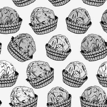 Seamless pattern Candy chocolate truffles in foil and paper cup. Drawing by h Stock Illustration