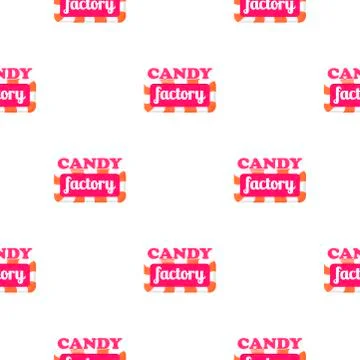 Seamless Pattern with Candy Factory Logo. Vector Illustrazione stock