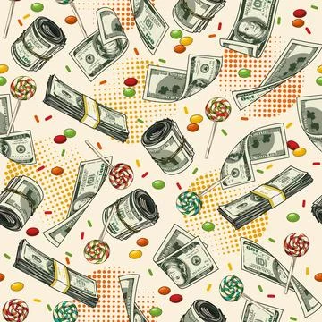 Seamless pattern with candy, flying banknotes, stacks of 100 US dollar bills Stock Illustration