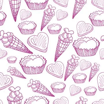 Seamless pattern with candy, ice cream and hearts on white background Stock Illustration
