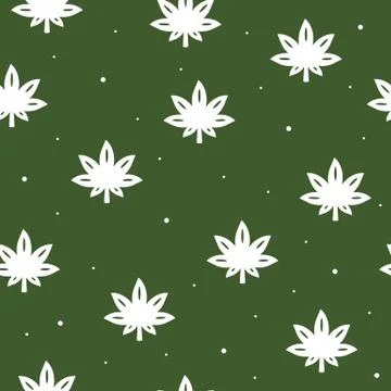 Seamless pattern of cannabis in flat style on a green background. Stock Illustration