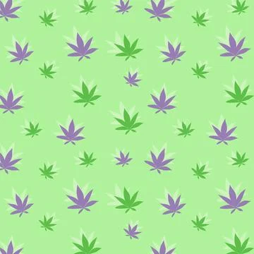 Seamless pattern cannabis leaves grean and purple on green background Stock Illustration