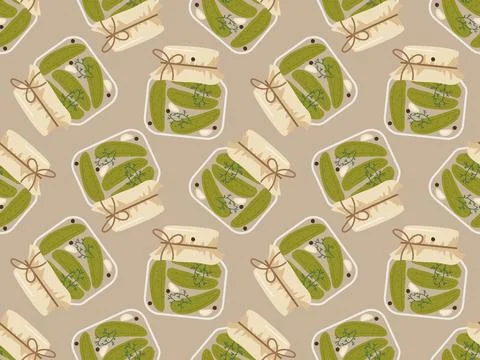 Seamless pattern with Canned cucumber jars. Hand drawn doodle sketch print Illustrazione stock