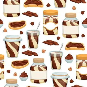 Seamless pattern with cans of chocolate paste, sandwiches, chocolate and nuts Stock Illustration