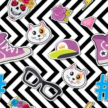 Seamless Pattern with Cap, Cat, Glasses, Thunder Stock Illustration